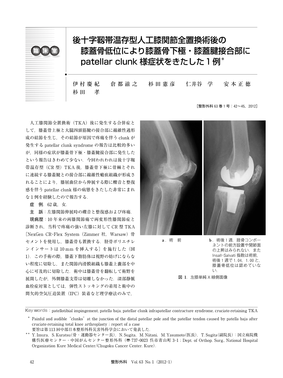 後十字靱帯温存型人工膝関節全置換術後の膝蓋骨低位により膝蓋骨下極 
