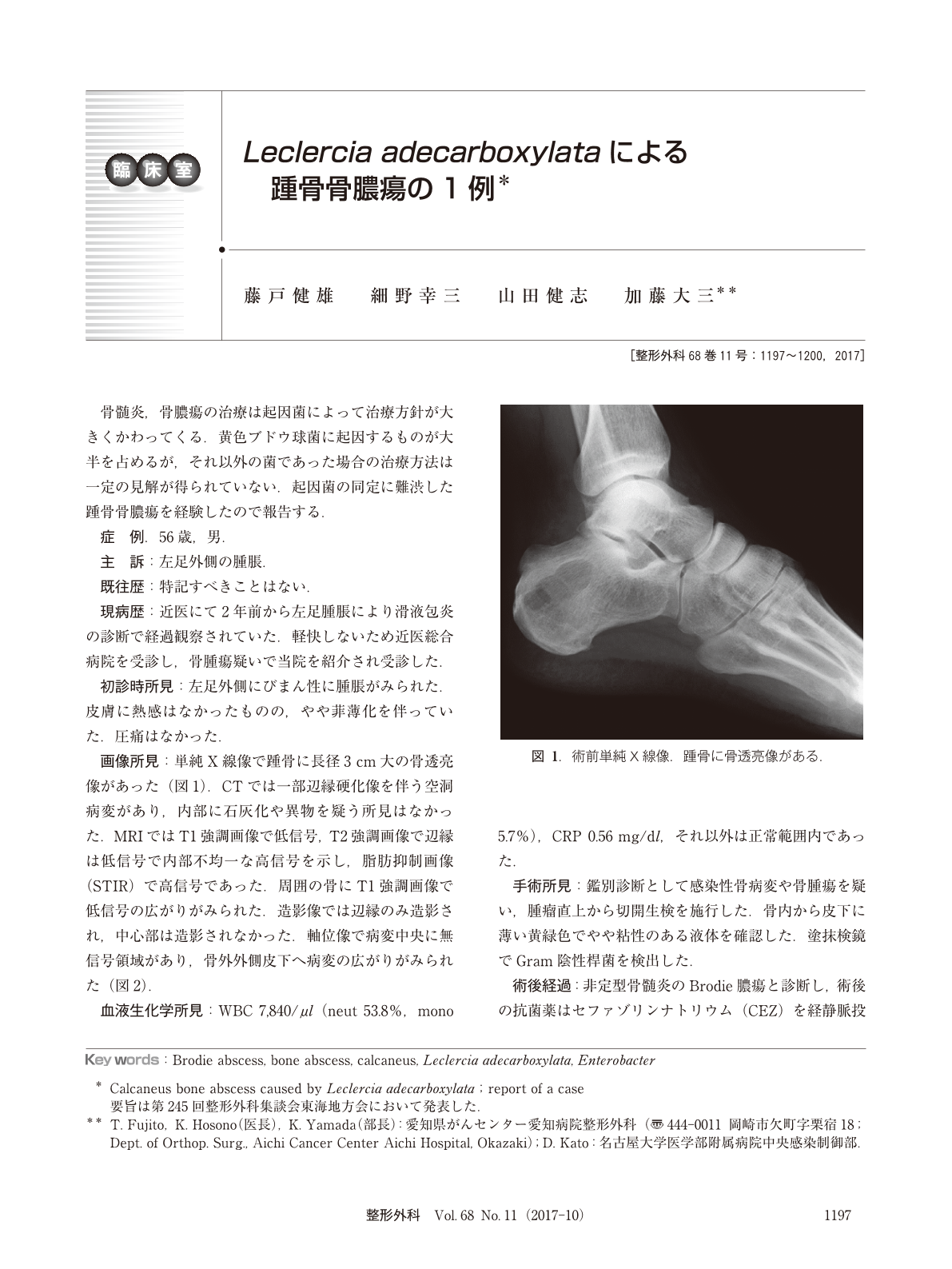 Leclercia Adecarboxylataによる踵骨骨膿瘍の1例 臨床雑誌整形外科 68巻11号 医書 Jp