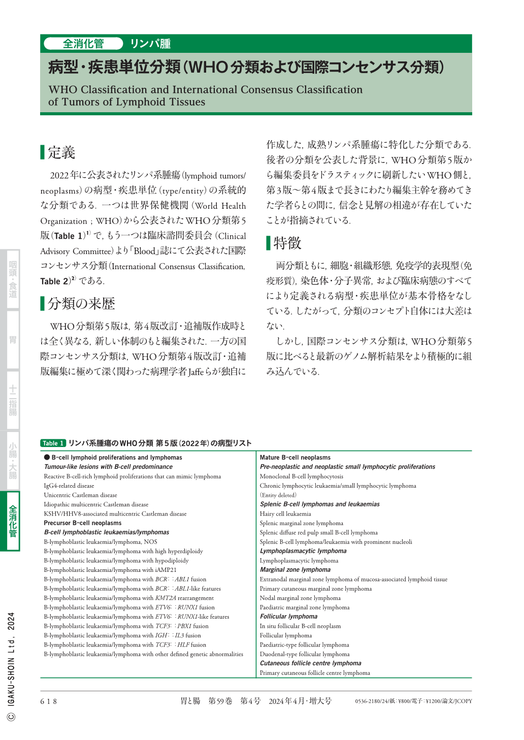 病型・疾患単位分類（WHO分類および国際コンセンサス分類） (胃と腸 59 